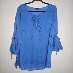 Talbots Womens‎ 1X Blue Relaxed Tie Front Sheer Blouse Office Mature